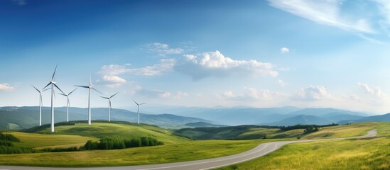 Wall Mural - Wind turbines in a wind park creating renewable energy with ample space for text promoting green energy