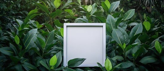 Leinwandbilder - Green leaves background with a white square frame and empty text space for advertising
