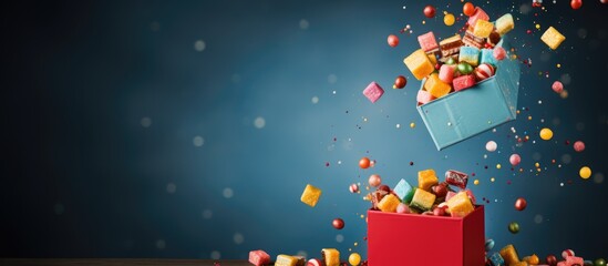 Poster - Assorted traditional candies falling out of gift box in corner on colored background conveying Happy Holidays sale concept