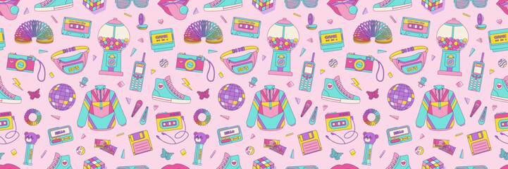 Wall Mural - vintage seamless pattern 80s 90s, cassette, nostalgic items, geometric shapes in memphis style. vect