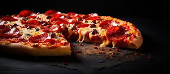 Poster - Pepperoni pizza with copy space fast food dark background