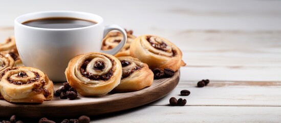 Aufkleber - Yummy snail rolls with raisins and black coffee on a white table