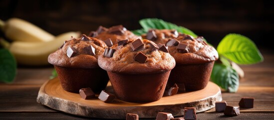 Poster - Delicious banana muffins on wooden table Sweet mini cakes Party food background