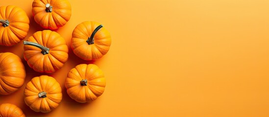 Poster - Top view of little orange pumpkins on a colored table background Fall Halloween and Thanksgiving theme Autumn flat lay photo with copy space