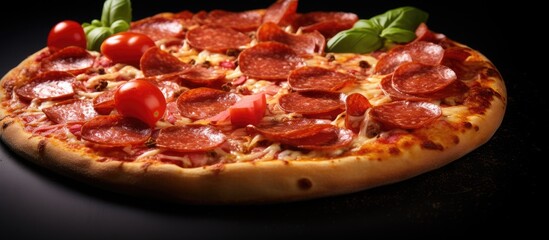 Poster - Pepperoni pizza with copy space fast food dark background