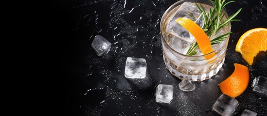 Fototapete - Gin and tonic cocktail with ice rosemary orange on stone table Space to write