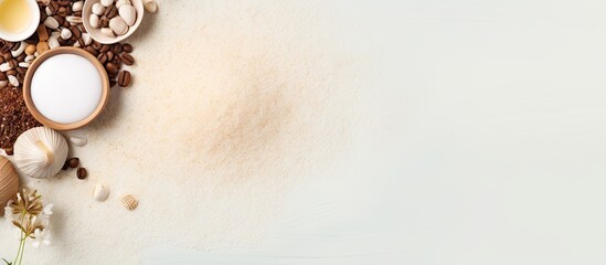 Poster - Top view of white background with coffee scented spa salt oil loofah and soap representing the concept of aromatherapy and spa Ample border for copying space
