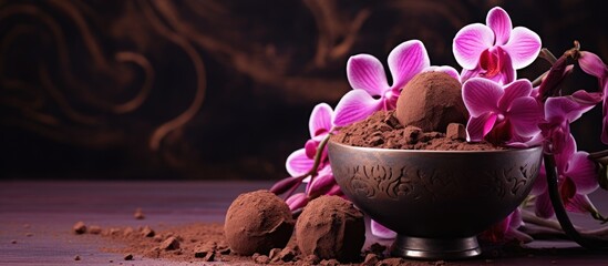 Poster - Orchid flowers and cocoa powder adorn chocolate truffles in a brass vase