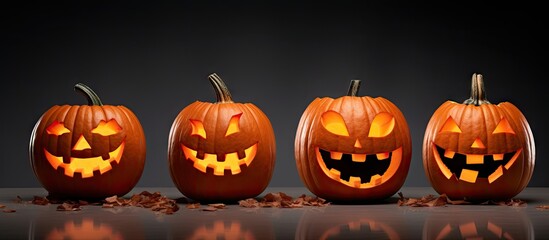 Poster - Halloween holiday concept with five floating pumpkins on white background Greeting card mockup for Halloween party