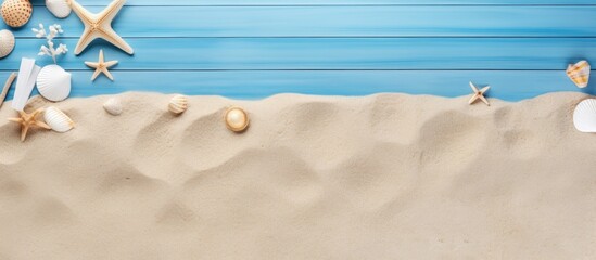Aufkleber - Sandy beach with blue frame summer accessories sand and wood texture in top view