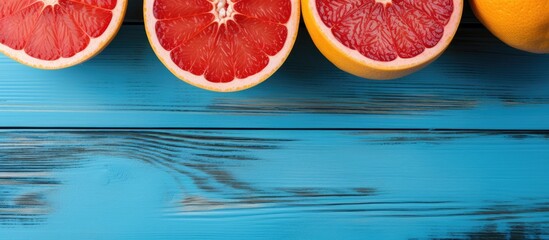 Poster - Close up view of fresh halved grapefruit and orange on a blue wooden background