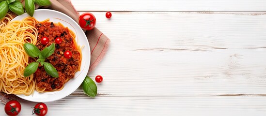 Poster - Italian pasta bolognese with spaghetti meat tomato sauce cherry tomatoes and basil