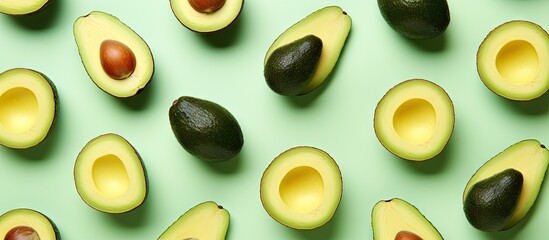 Aufkleber - Avocado halves arranged in a pattern on a vibrant mint green background