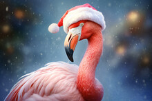  Flamingo With Santa Hat, Funny Christmas Illustration