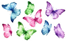Watercolor Colorful Butterflies, Isolated On White Background. Blue, Yellow, Pink And Red Butterfly Spring Illustration. Generative Ai