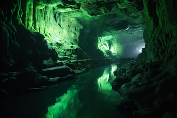 Poster - Deep underground, the darkness of a cavern is disrupted by the soft, magical glow of bioluminescent algae and gleaming minerals, painting a scene of wonder