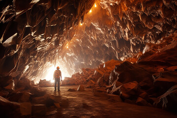 Wall Mural - A dedicated geologist, headlamp aglow, closely inspects glittering mineral deposits within the depths of an ancient, dimly lit cavern