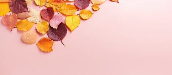 Aufkleber - Pink studio shoot with heart shaped cutout surrounded by autumn leaves in orange green yellow and brown Top down view and horizontal layout with empty space