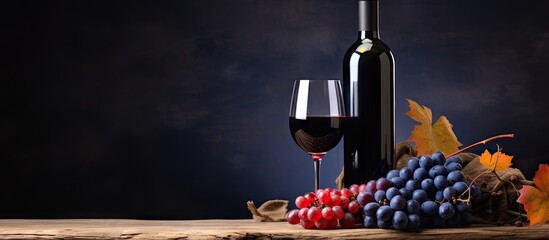 Poster - Red wine bottle and glass old snag backdrop blue grapes Space to copy