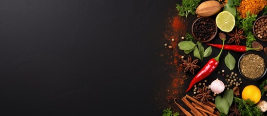 Aufkleber - Assorted cooking ingredients on black slate table Top view copy space