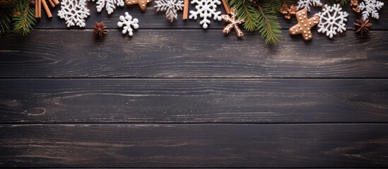 Poster - top view of a wooden table with a christmas theme including a snow covered fir tree and gingerbread 