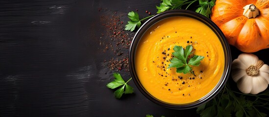 Aufkleber - Autumn cream soup with pumpkins and carrots on a dark background with seeds and parsley Healthy eating concept Horizontal orientation Close up