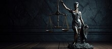 Back Of Lady Justice Statue On Dark Background With Space For Text