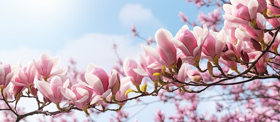 Fototapete - Selective focus and copy space on magnolia flower in urban environment
