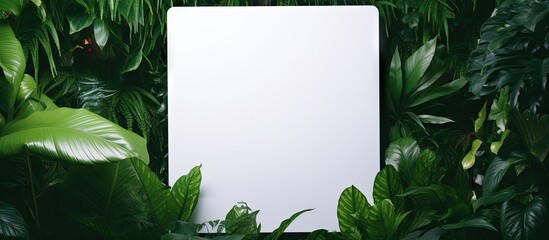 Leinwandbilder - Green leaves background with a white square frame and empty text space for advertising