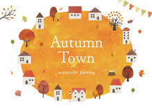 秋の家と木水彩フレーム