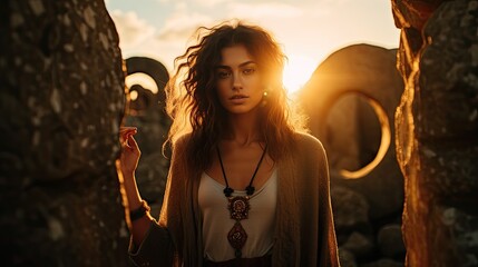 Model within a circle of stones, highlighting the mystical aura surrounding her