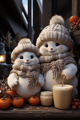 Poster - a pair of snowman standing near a windowsill, Generative AI technology.