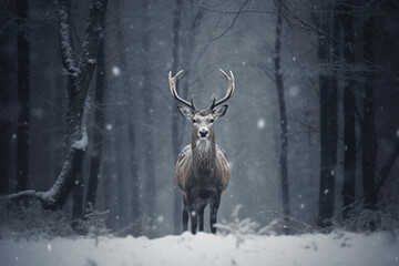 Poster - a deer is caught in the snow and the rest of the scenery, Generative AI technology.
