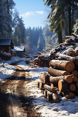 Poster - large logs of wood in snow piled up on road towards,  Generative AI technology.