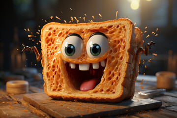 Poster - a cartoon piece of bread with mouth and eyes,  Generative AI technology.