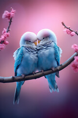 Poster - beautiful birds with love, two budgies on top of branches, Generative AI technology.