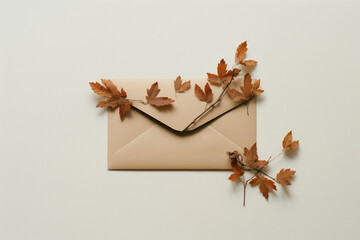 Poster - brown envelope with leaves over a white background, Generative AI technology.