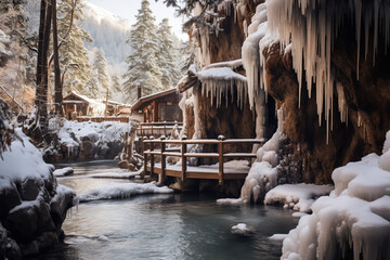 Poster - Striking contrast of dripping icicles juxtaposed with the steamy warmth of a nearby geothermal spring in winter