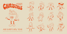 Funny Retro Cartoon Christmas Character In Groovy 50s, 60s, 70s Vintage Style. Happy New Year Mascot With Hot Coffee, Cocoa, Gingerbread, Cake, Cupcake And Cookie. Xmas Vintage Characters.