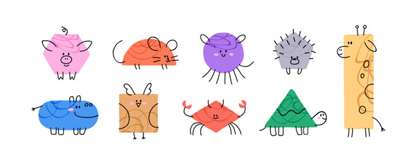 Poster - Cute geometric animals set. Funny shaped characters with happy smiling faces. Doodle giraffe, mouse, hippo, crab in modern geometry style. Kids flat vector illustrations isolated on white background