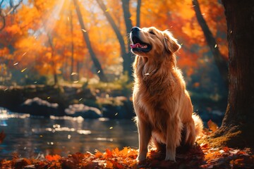 Wall Mural - Golden retriever sitting in the leaves by river.