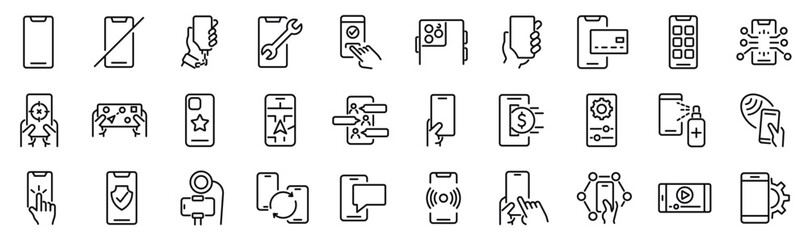 set of 30 outline icons related to smartphone, phone. linear icon collection. editable stroke. vecto