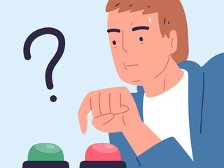 Difficulty choosing. Concerned person select button push, choice between two options or 2 decisions, sceptic doubt people thinking dilemma question life control vector illustration