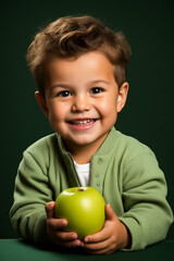 Sticker - Young boy holding apple in his hands and smiling at the camera.