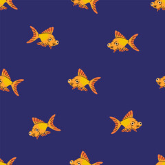 Poster - Cute gold fish in water, seamless pattern design. Aquarium goldfish, endless background, texture. Little tropical animal in sea, repeating print. Colored flat vector illustration for wallpaper, fabric