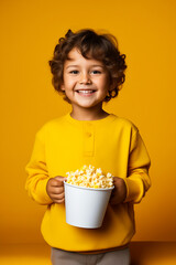 Sticker - Young boy holding bucket of popcorn in his hands and smiling.