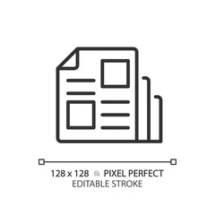 Poster - 2D pixel perfect editable black magazine icon, isolated vector, thin line illustration representing journalism.