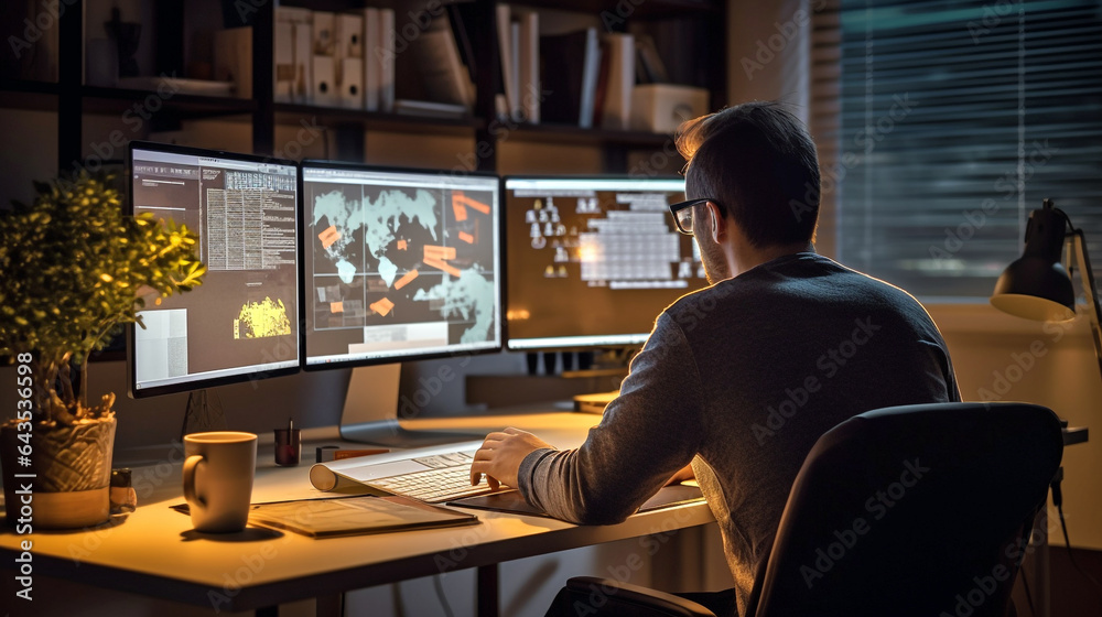 male programmer working at a computer with three monitors. Generative ...