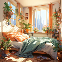 Wall Mural - Cartoon-style bedroom illustration with plants and flowers, home decoration, drawing room, bed, soft chair, window, and sheet.