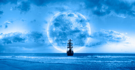 Fototapete - Sailing old ship in calm sea - Night sky with moon in the clouds 